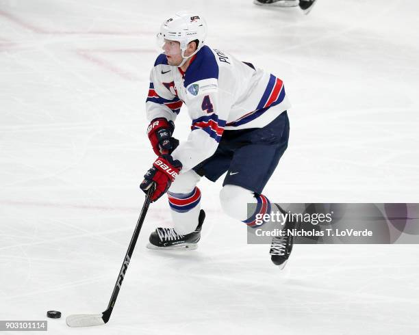 Ryan Poehling of United States skates the puck against the Czech Republic during the first period of play in the IIHF World Junior Championships...