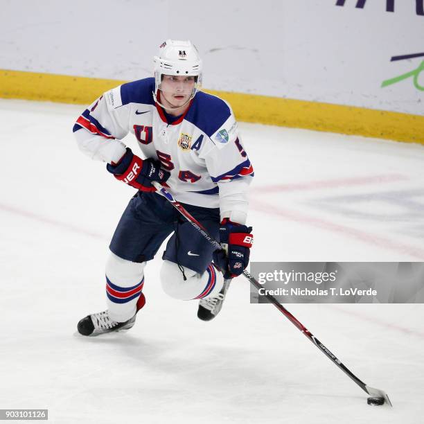 Ryan Lindgren of United States skates against the Czech Republic during the first period of play in the IIHF World Junior Championships Bronze Medal...