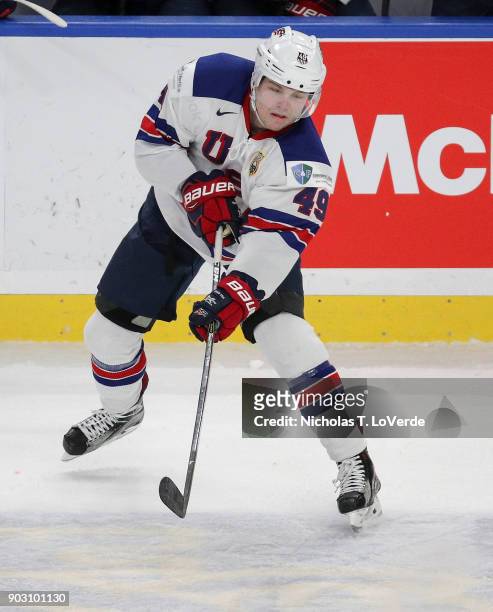 Max Jones of United States skates against the Czech Republic during the first period of play in the IIHF World Junior Championships Bronze Medal game...