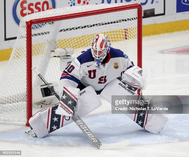Ryan Lindgren of United States defends his net against the Czech Republic during the second period of play in the IIHF World Junior Championships...