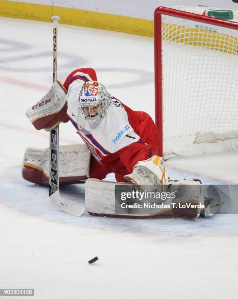 Josef Korenar of Czech Republic tracks the puck against the United States during the second period of play in the IIHF World Junior Championships...