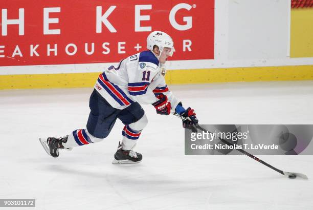 Casey Mittelstadt of United States skates the puck up ice against the Czech Republic during the second period of play in the IIHF World Junior...