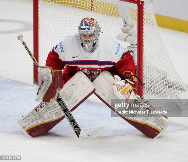 Josef Korenar of Czech Republic defends his net against the United States during the second period of play in the IIHF World Junior Championships...