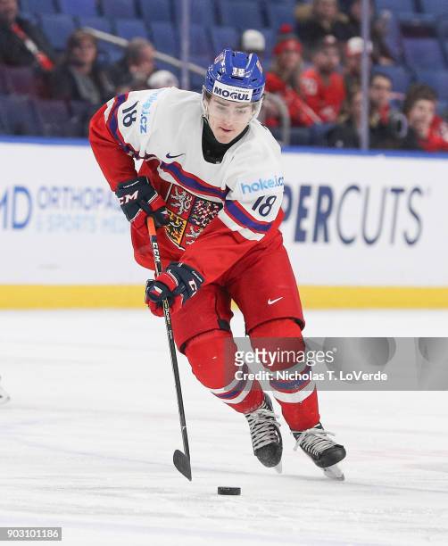 Filip Zadina of Czech Republic skates the puck against the United States during the third period of play in the IIHF World Junior Championships...