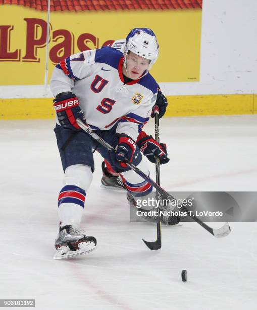 Brady Tkachuk of United States passes the puck against the Czech Republic during the second period of play in the IIHF World Junior Championships...