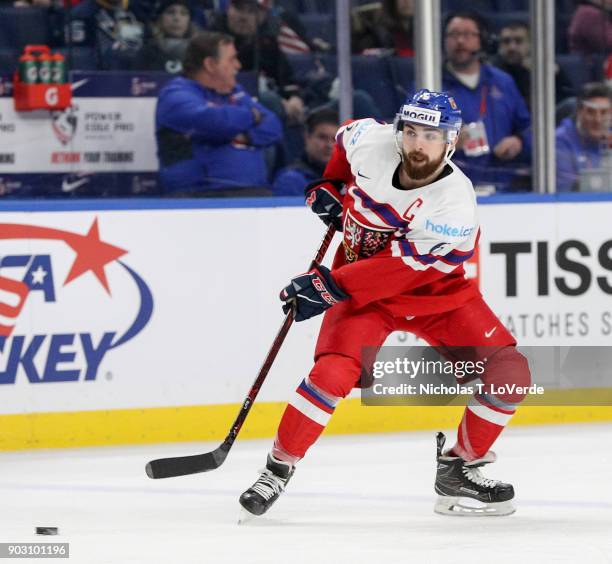 Marek Zachar of Czech Republic passes the puck against the United States during the third period of play in the IIHF World Junior Championships...