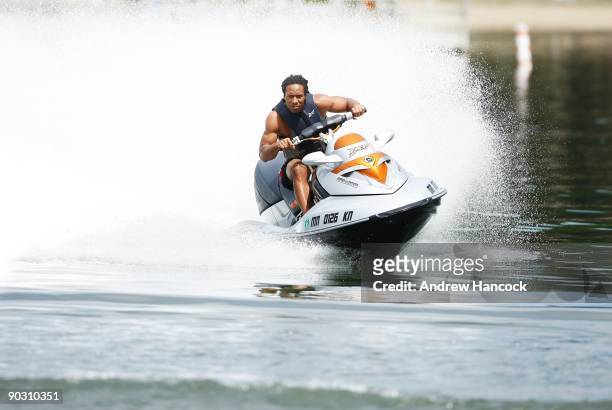 Portrait of Arizona Cardinals Larry Fitzgerald casual aboard Sea-Doo personal watercraft jet ski on a lke by his home. Eden Prairie, MN 7/12/2009...