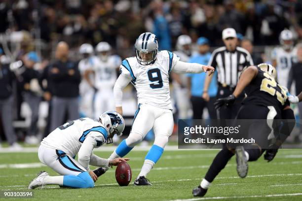 Graham Gano the Carolina Panthers kicks a field goal against the New Orleans Saints during the second half of the NFC Wild Card playoff game at the...