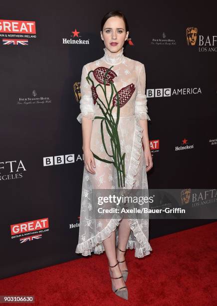 Actress Rachel Brosnahan arrives at The BAFTA Los Angeles Tea Party at Four Seasons Hotel Los Angeles at Beverly Hills on January 6, 2018 in Los...