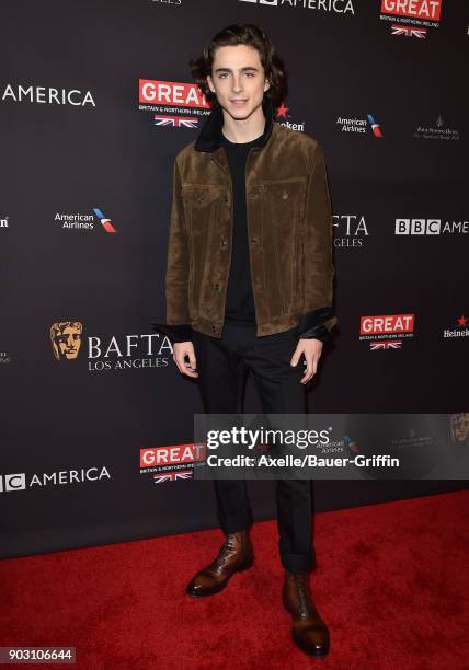 Actor Timothee Chalamet arrives at The BAFTA Los Angeles Tea Party at Four Seasons Hotel Los Angeles at Beverly Hills on January 6, 2018 in Los...