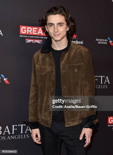 Actor Timothee Chalamet arrives at The BAFTA Los Angeles Tea Party at Four Seasons Hotel Los Angeles at Beverly Hills on January 6, 2018 in Los...