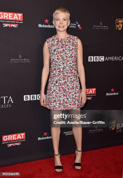 Actress Michelle Williams arrives at The BAFTA Los Angeles Tea Party at Four Seasons Hotel Los Angeles at Beverly Hills on January 6, 2018 in Los...