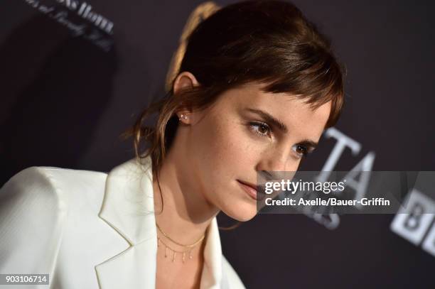 Actress Emma Watson arrives at The BAFTA Los Angeles Tea Party at Four Seasons Hotel Los Angeles at Beverly Hills on January 6, 2018 in Los Angeles,...