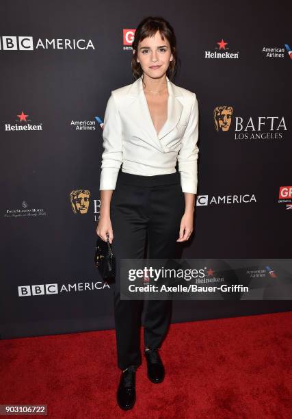 Actress Emma Watson arrives at The BAFTA Los Angeles Tea Party at Four Seasons Hotel Los Angeles at Beverly Hills on January 6, 2018 in Los Angeles,...