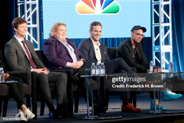 Actors Anders Holm, Fortune Feimster, Andy Favreau, and Yassir Lester of 'Champions' speak onstage during the NBCUniversal portion of the 2018 Winter...