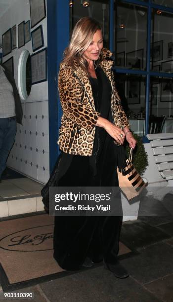 Kate Moss attends Lottie Moss' birthday at La Famiglia restaurant in Chelsea on January 9, 2018 in London, England.