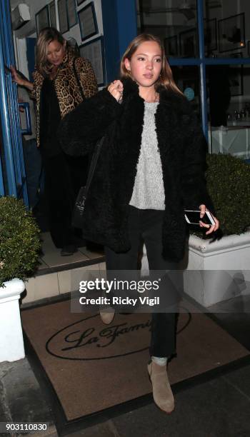 Kate Moss and daughter Lila Grace Moss Hack attend Lottie Moss' birthday at La Famiglia restaurant in Chelsea on January 9, 2018 in London, England.