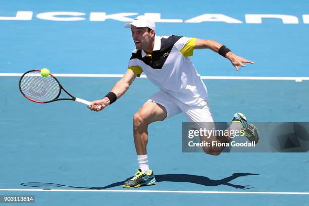 Roberto Bautista Agut of Spain plays a forehand in his second round match against Steve Johnson of USA during day three of the ASB Men's Classic at...