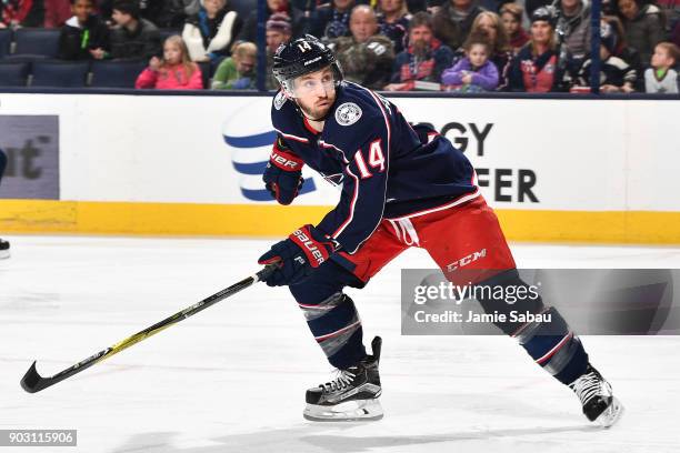 Jordan Schroeder of the Columbus Blue Jackets skates against the Florida Panthers on January 7, 2018 at Nationwide Arena in Columbus, Ohio.