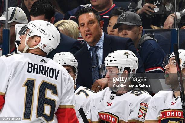 Head Coach Bob Boughner of the Florida Panthers talks with his team during a game against the Columbus Blue Jackets on January 7, 2018 at Nationwide...