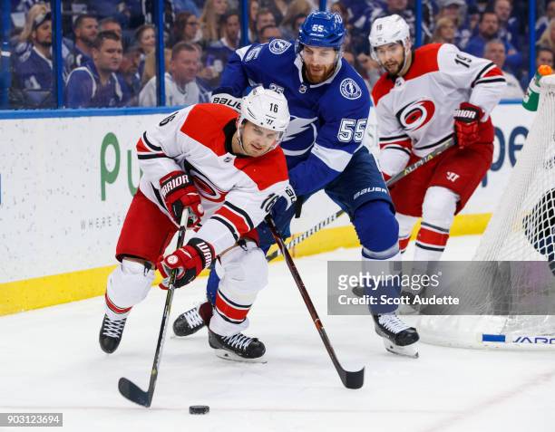 Braydon Coburn of the Tampa Bay Lightning skates against Marcus Kruger of the Carolina Hurricanes during the second period at Amalie Arena on January...