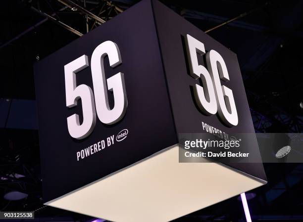 Signage for 5G technology is displayed at the Intel booth during CES 2018 at the Las Vegas Convention Center on January 9, 2018 in Las Vegas, Nevada....