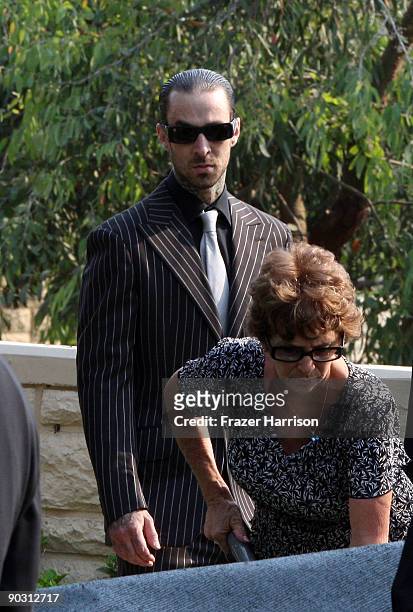 Musician Travis Barker attends the funeral of Adam Goldstein, otherwise known as DJ AM, at Hillside Memorial Park September 2, 2009 in Culver City,...