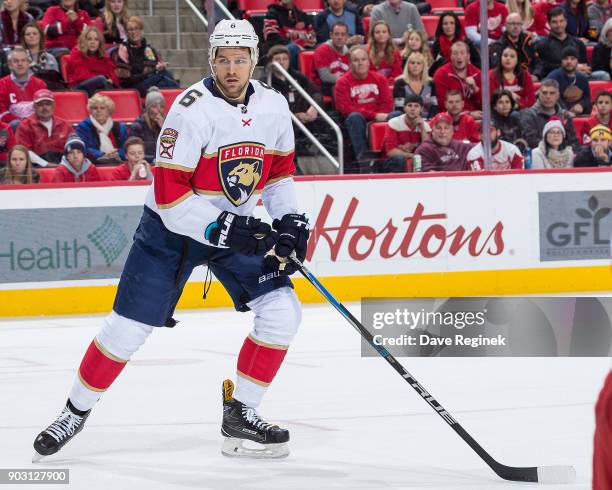 Alex Petrovic of the Florida Panthers looks down the ice against the Detroit Red Wings during an NHL game at Little Caesars Arena on January 5, 2017...