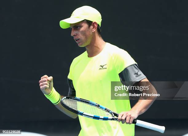 Andrew Whittington of Australia competes in his first round match against Michael Mmoh of United States during 2018 Australian Open Qualifying at...