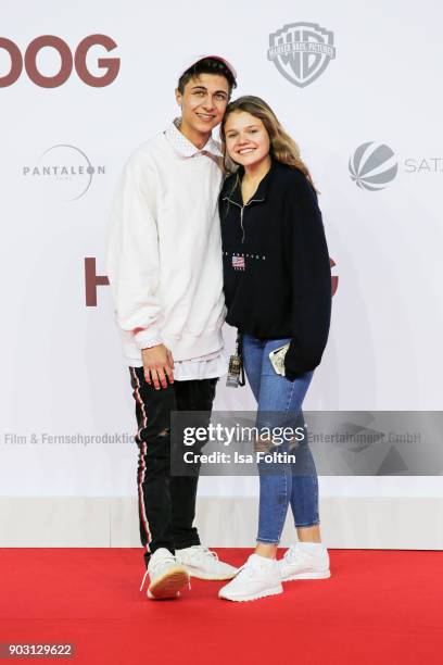 Singer and youtube star Lukas Rieger and youtube star and actress Faye Montana attend the 'Hot Dog' world premiere at CineStar on January 9, 2018 in...