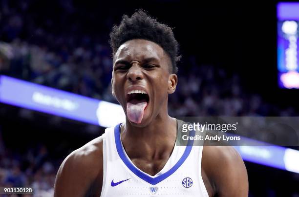 Hamidou Diallo of the Kentucky Wildcats celebrates after a dunk against the Texas A&M Aggies during the game at Rupp Arena on January 9, 2018 in...