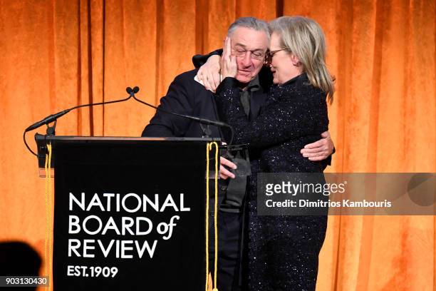 Robert De Niro and Meryl Streep embrace onstage during the National Board of Review Annual Awards Gala at Cipriani 42nd Street on January 9, 2018 in...