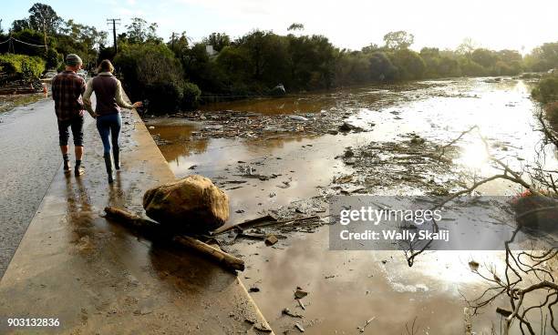 View of the 101 freeway from Olive Mill Road in Montecito after a major storm hit the burn area January 9, 2018 in Montecito, California.