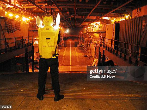 Boatswain's Mate 2nd Class Michael Gladney from St. Louis, MO, directs a Landing Craft Air Cushion hovercraft into the well deck January 26, 2002 at...