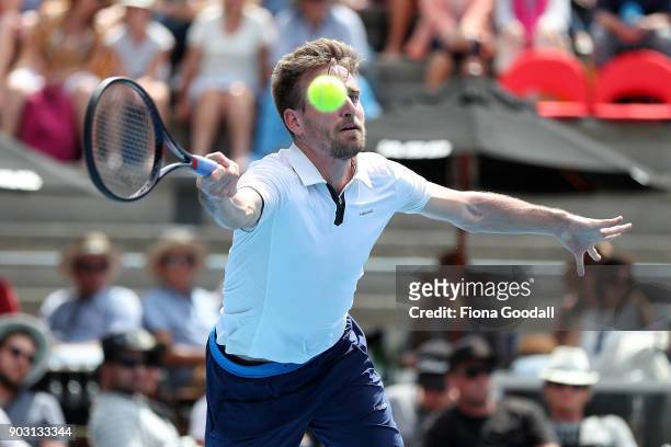 Peter Gojowczyk of Germany plays a forehand in his second round match against Jack Sock of USA during day three of the ASB Men's Classic at ASB...