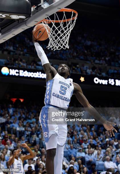 Jalek Felton of the North Carolina Tar Heels dunks against the Boston College Eagles during their game at the Dean Smith Center on January 9, 2018 in...