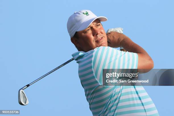 Jason Dufner of the United States plays a shot during practice rounds prior to the Sony Open In Hawaii at Waialae Country Club on January 9, 2018 in...