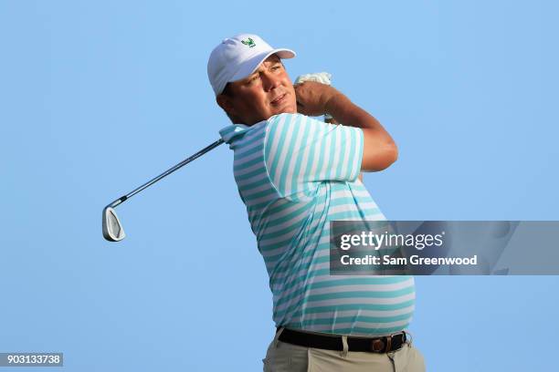 Jason Dufner of the United States plays a shot during practice rounds prior to the Sony Open In Hawaii at Waialae Country Club on January 9, 2018 in...