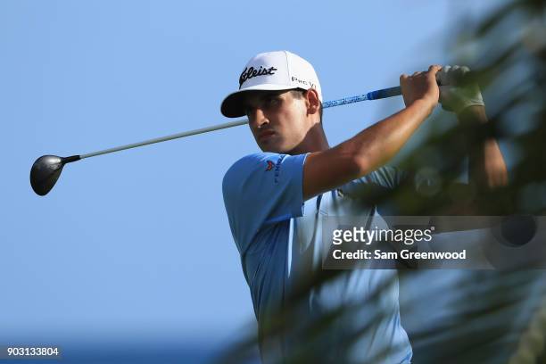 Dominic Bozzelli of the United States plays a shot during practice rounds prior to the Sony Open In Hawaii at Waialae Country Club on January 9, 2018...