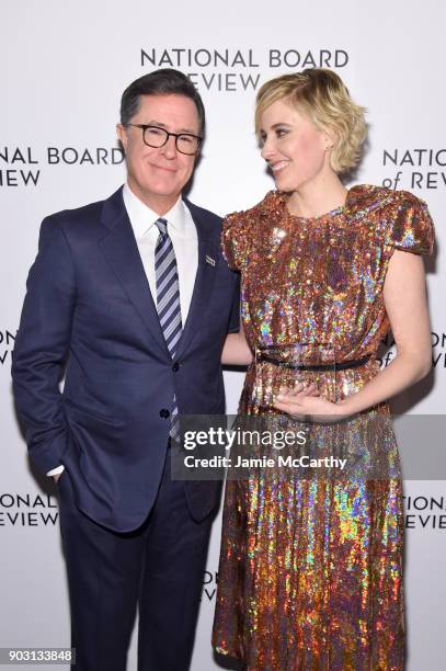 Stephen Colbert and Winner of the Best Director Award Greta Gerwig pose during the National Board of Review Annual Awards Gala at Cipriani 42nd...