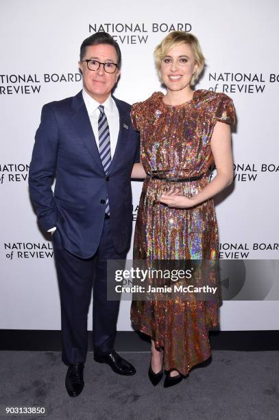 Stephen Colbert and Winner of the Best Director Award Greta Gerwig pose during the National Board of Review Annual Awards Gala at Cipriani 42nd...