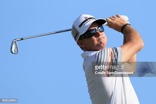 Brian Gay of the United States plays a shot during practice rounds prior to the Sony Open In Hawaii at Waialae Country Club on January 9, 2018 in...