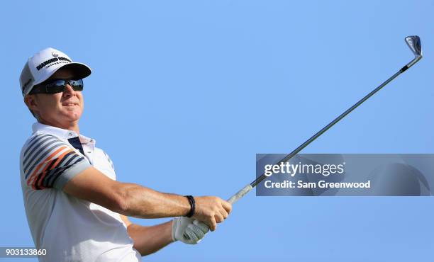 Brian Gay of the United States plays a shot during practice rounds prior to the Sony Open In Hawaii at Waialae Country Club on January 9, 2018 in...