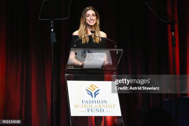 Honoree, Co-Founder & CEO of Birchbox Katia Beauchamp speaks on stage during the 81st Annual YMA Fashion Scholarship Fund National Merit Scholarship...