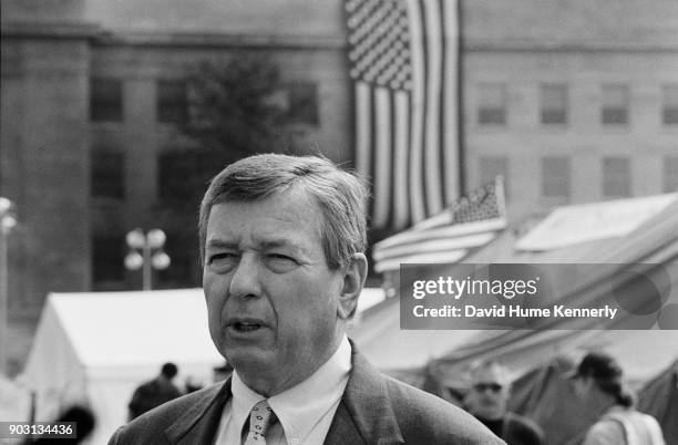 Attorney General John Ashcroft speaks to the press in front of the Pentagon six days after the attack, Washington DC September 17, 2001.