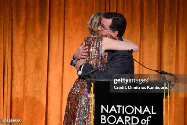 Greta Gerwig and Stephen Colbert embrace onstage during the National Board of Review Annual Awards Gala at Cipriani 42nd Street on January 9, 2018 in...