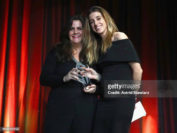 Presenter, founder and CEO of STORY Rachel Shechtman presents an award to Honoree, Co-Founder & CEO of Birchbox Katia Beauchamp on stage during the...