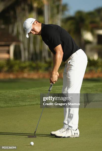 Jordan Spieth of the United States putts during practice rounds prior to the Sony Open In Hawaii at Waialae Country Club on January 9, 2018 in...