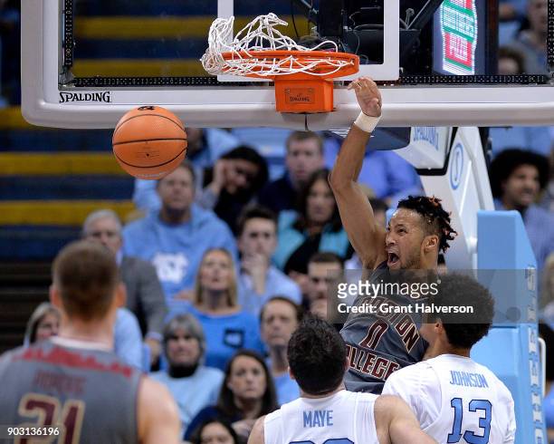 Ky Bowman of the Boston College Eagles dunks against the North Carolina Tar Heels during their game at the Dean Smith Center on January 9, 2018 in...