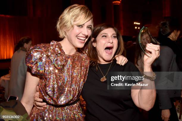 Greta Gerwig and Amy Pascal pose with a broken award during the National Board of Review Annual Awards Gala at Cipriani 42nd Street on January 9,...